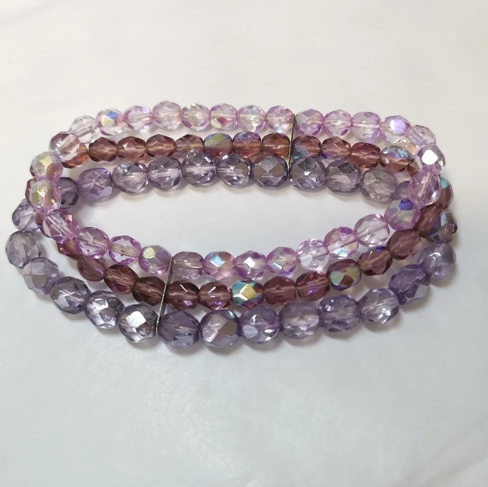 Vintage Czech lavender fire polished glass bead stretch bracelet - Picture 4 of 4